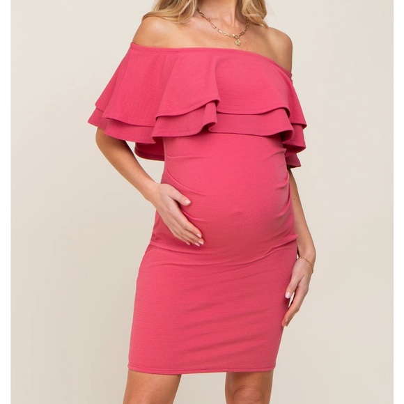 Fuchsia Off Shoulder Fitted Maternity Dress - Picture 4 of 9